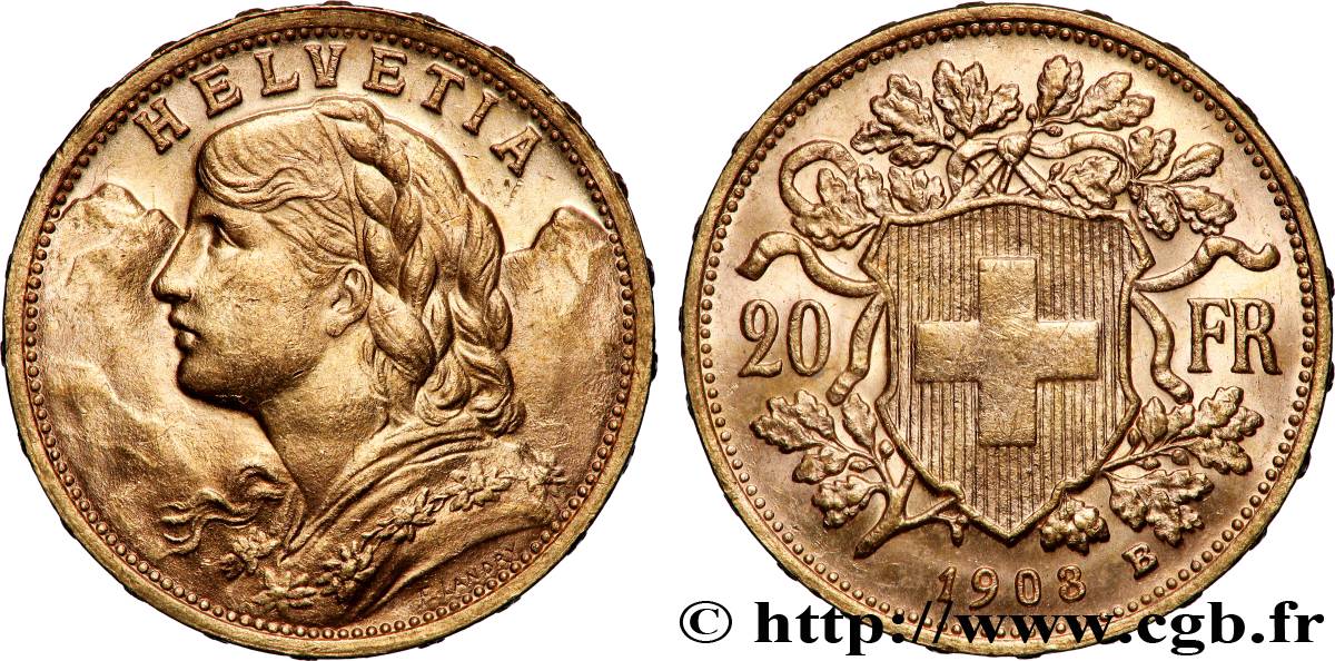 GOLD, PALLADIUM & PLATINUM INVESTMENT 20 Francs &nbsp;Vreneli&nbsp; 1903 Berne AU 