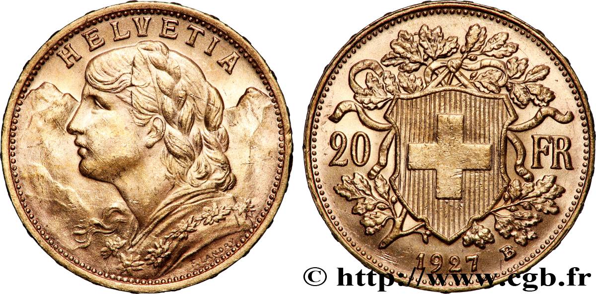 GOLD, PALLADIUM & PLATINUM INVESTMENT 20 Francs or &nbsp;Vreneli&nbsp; 1927 Berne AU 