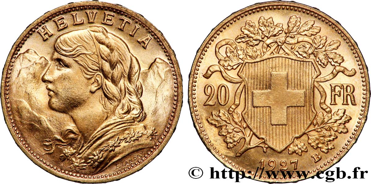 GOLD, PALLADIUM & PLATINUM INVESTMENT 20 Francs or &nbsp;Vreneli&nbsp; 1927 Berne AU 