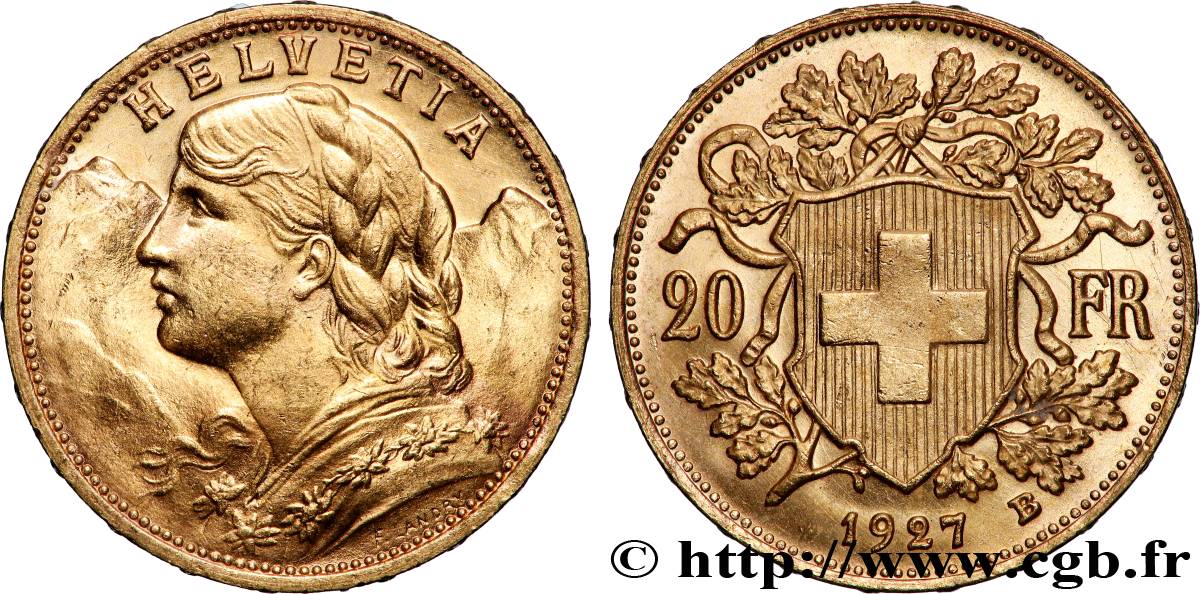 GOLD, PALLADIUM & PLATINUM INVESTMENT 20 Francs or &nbsp;Vreneli&nbsp; 1927 Berne AU 