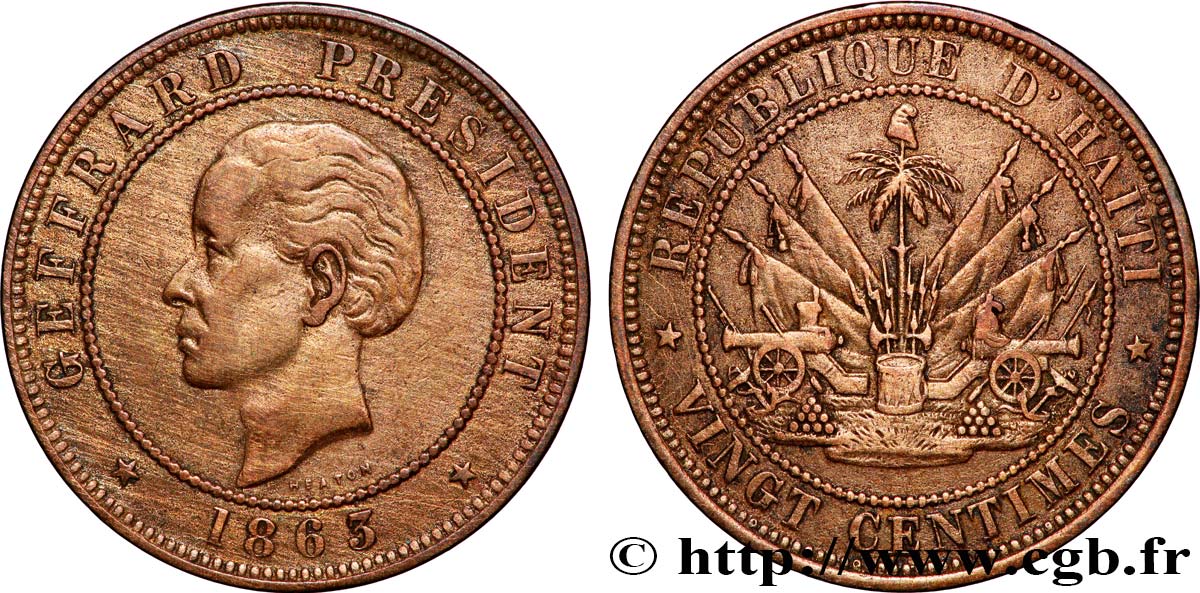 HAITI 20 Centimes président Geffrard 1863 Heaton XF 