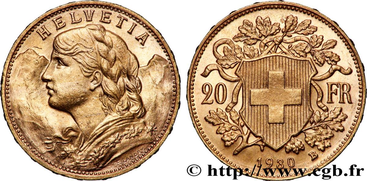 OR, PALLADIUM ET PLATINE INVESTISSEMENT 20 Francs &nbsp;Vreneli&nbsp; 1930 Berne SUP 