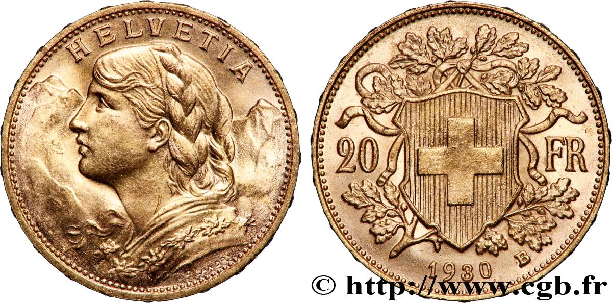 GOLD, PALLADIUM & PLATINUM INVESTMENT 20 Francs &nbsp;Vreneli&nbsp; 1930 Berne AU 
