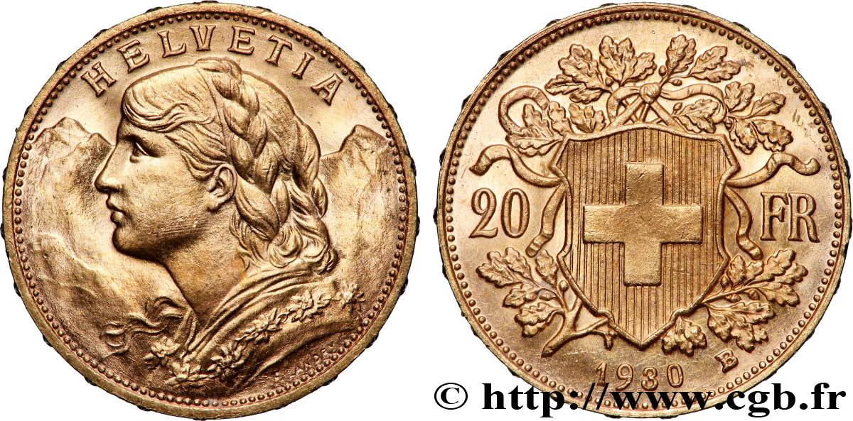 GOLD, PALLADIUM & PLATINUM INVESTMENT 20 Francs &nbsp;Vreneli&nbsp; 1930 Berne AU 