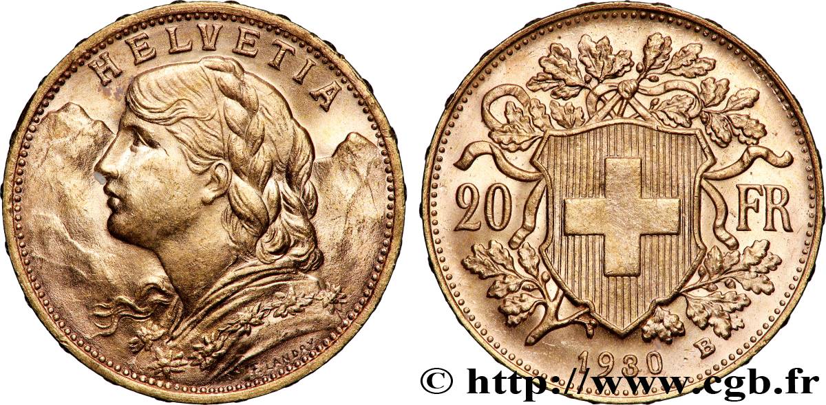 GOLD, PALLADIUM & PLATINUM INVESTMENT 20 Francs &nbsp;Vreneli&nbsp; 1930 Berne AU 