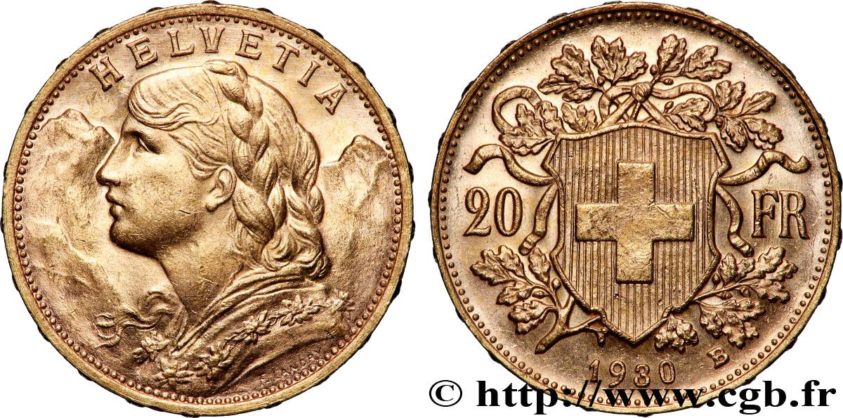 GOLD, PALLADIUM & PLATINUM INVESTMENT 20 Francs &nbsp;Vreneli&nbsp; 1930 Berne AU 
