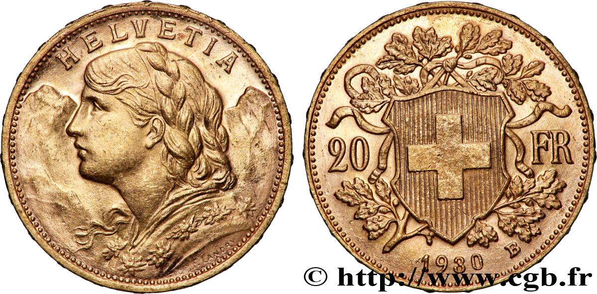 GOLD, PALLADIUM & PLATINUM INVESTMENT 20 Francs &nbsp;Vreneli&nbsp; 1930 Berne AU 