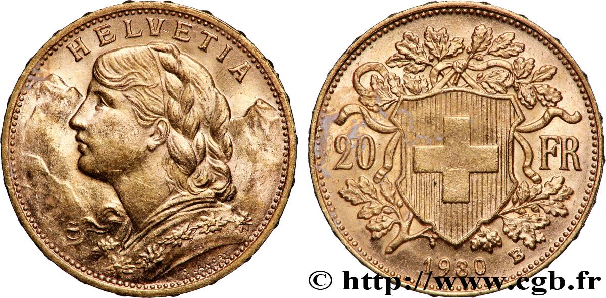 GOLD, PALLADIUM & PLATINUM INVESTMENT 20 Francs &nbsp;Vreneli&nbsp; 1930 Berne AU 