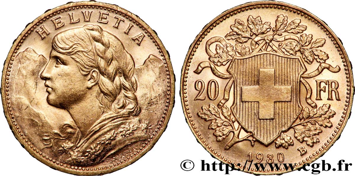 GOLD, PALLADIUM & PLATINUM INVESTMENT 20 Francs &nbsp;Vreneli&nbsp; 1930 Berne AU 