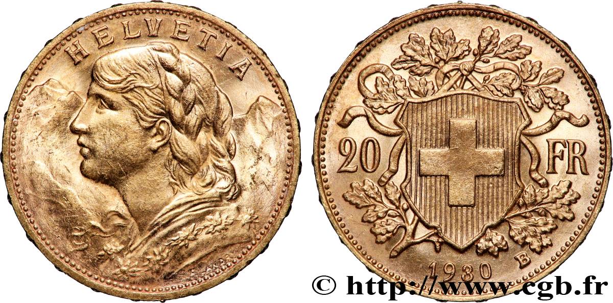 OR, PALLADIUM ET PLATINE INVESTISSEMENT 20 Francs &nbsp;Vreneli&nbsp; 1930 Berne SUP 