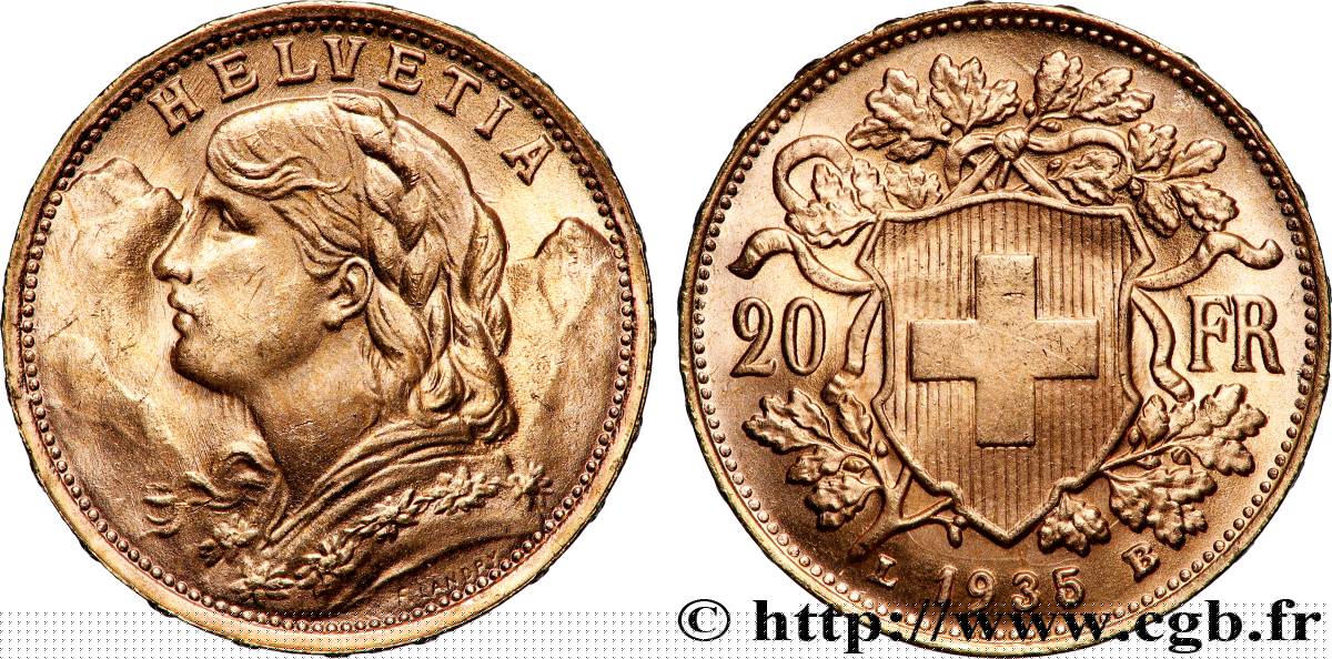 OR, PALLADIUM ET PLATINE INVESTISSEMENT 20 Francs &nbsp;Vreneli&nbsp; 1935 Berne SUP 