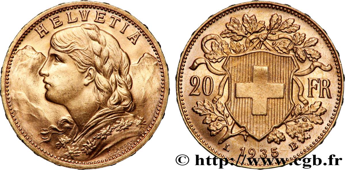 GOLD, PALLADIUM & PLATINUM INVESTMENT 20 Francs &nbsp;Vreneli&nbsp; 1935 Berne MS 