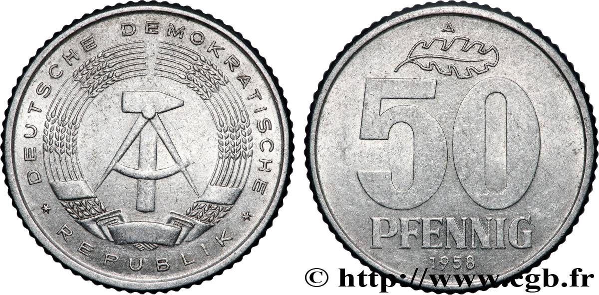 GERMAN DEMOCRATIC REPUBLIC 50 Pfennig emblème de la RDA 1958 Berlin AU 