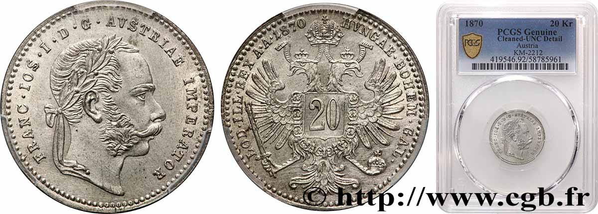 AUTRICHE 20 Kreuzer Empereur François-Joseph Ier tête laurée / aigle bicéphale 1870 Vienne SPL PCGS