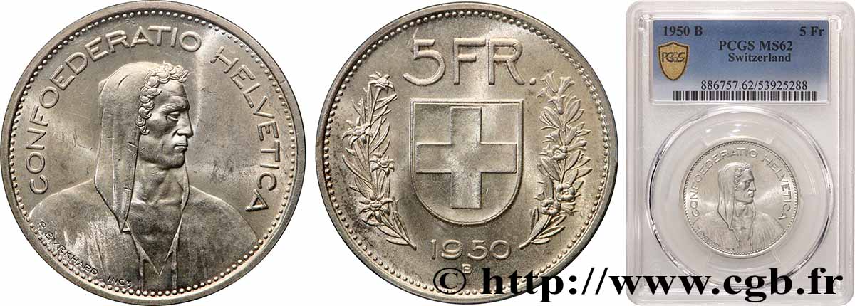 SWITZERLAND 5 Francs Berger des alpes 1950 Berne MS62 PCGS