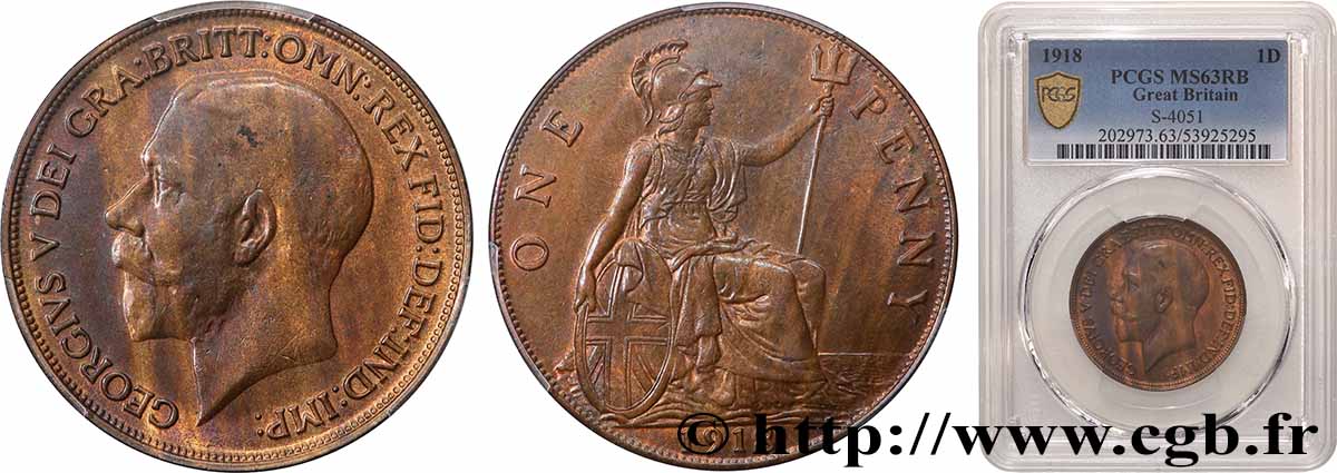 UNITED KINGDOM 1 Penny Georges V 1918  MS63 PCGS