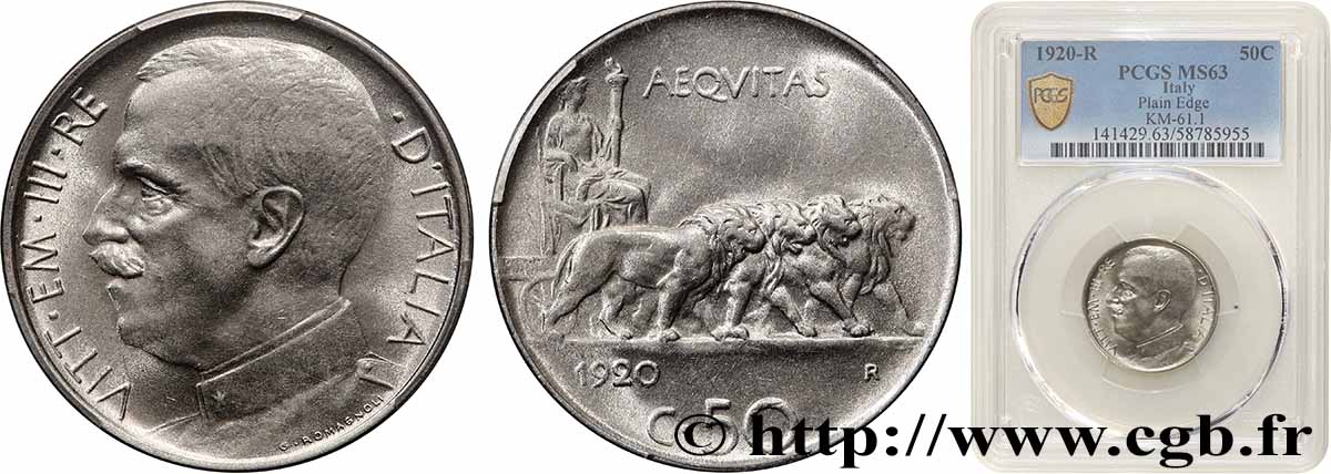 ITALIEN - ITALIEN KÖNIGREICH - VIKTOR EMANUEL III. 50 Centesimi 1920 Rome fST63 PCGS