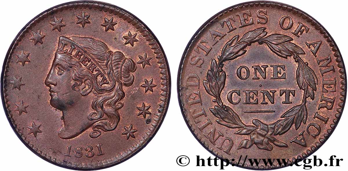 ÉTATS-UNIS D&nbsp;AMÉRIQUE 1 Cent Liberté “Braided Hair” variété moyennes lettres 1831  SUP 