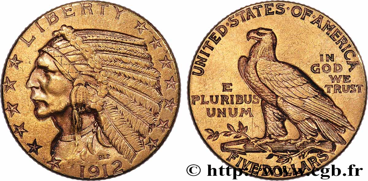 ÉTATS-UNIS D&nbsp;AMÉRIQUE 5 Dollars &nbsp;Indian Head&nbsp; 1912 Philadelphie q.SPL 