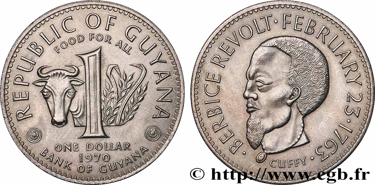 GUYANA 1 Dollar portrait de l’esclave Cuffy, chef de la révolte de Berbice en 1763 1970  VZ 