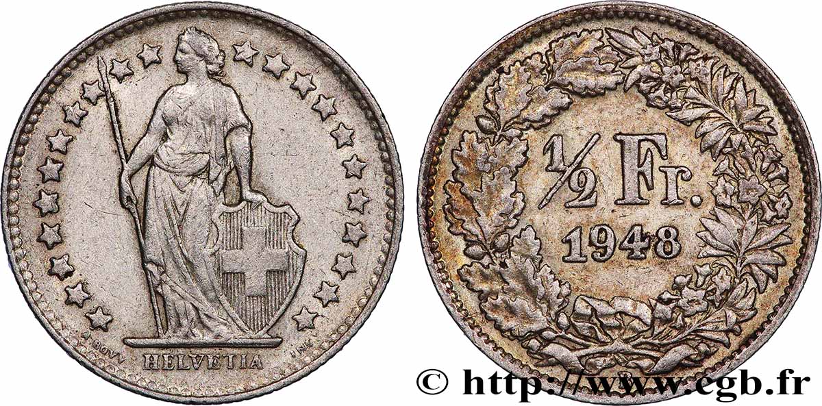 SWITZERLAND 1/2 Franc Helvetia 1948 Berne AU 