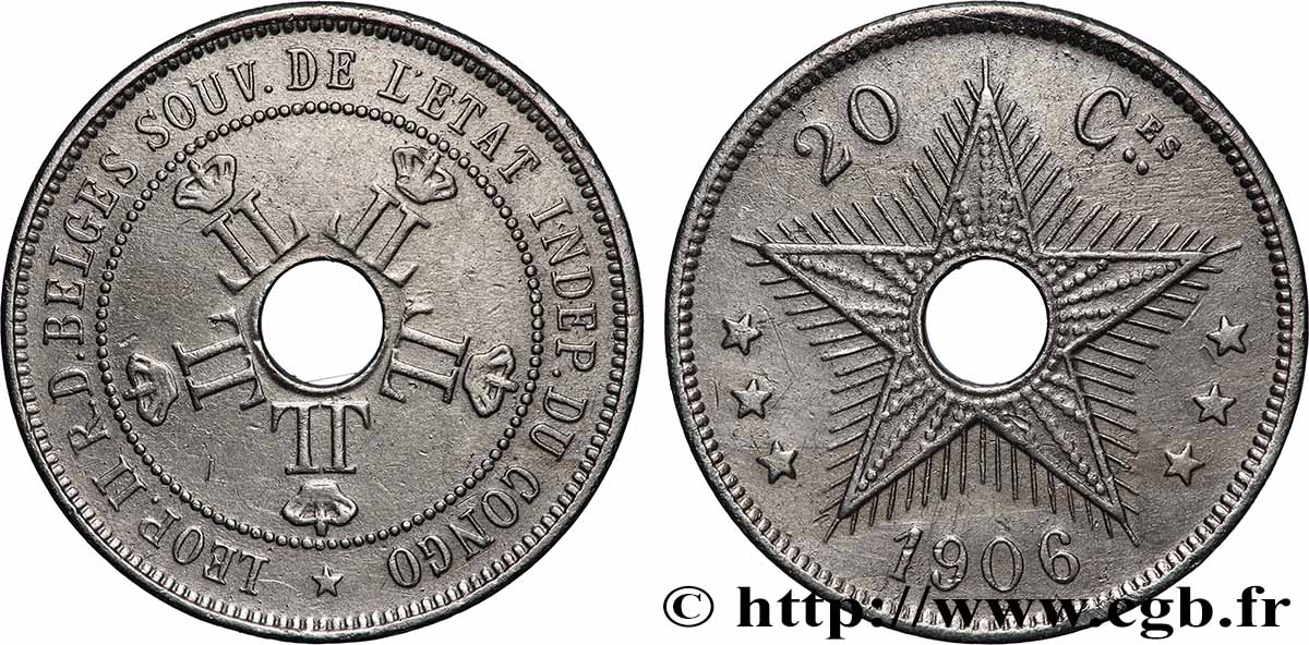 CONGO - ÉTAT INDÉPENDANT DU CONGO 20 Centimes Léopold II 1906 Bruxelles TTB 