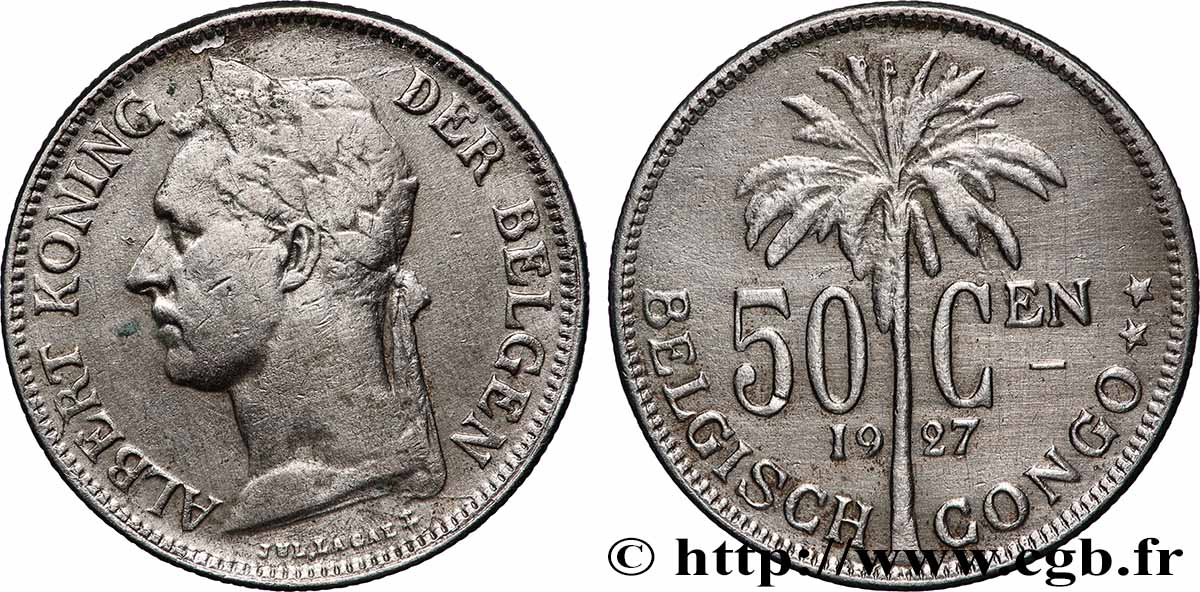 BELGIAN CONGO 50 Centiemen roi Albert  légende flamande 1927 Bruxelles VF 