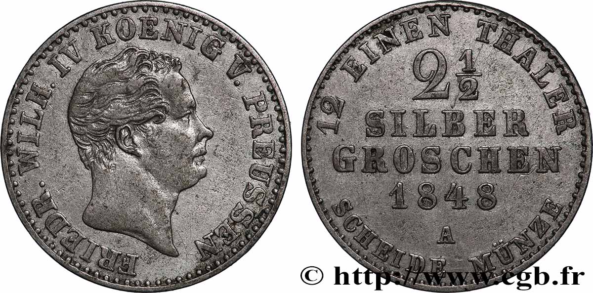 GERMANIA - PRUSSIA 2 1/2 Silbergroschen Royaume de Prusse Frédéric Guillaume IV 1848 Berlin BB 