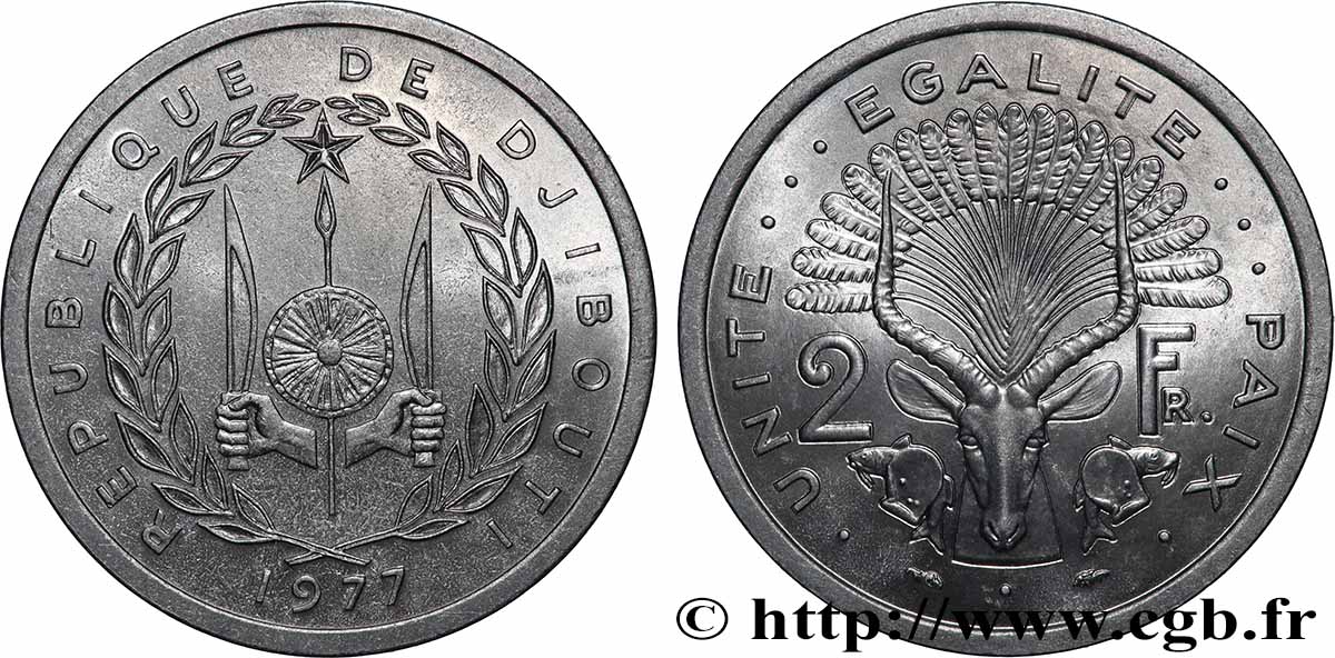 DSCHIBUTI 2 Francs emblème / antilope 1977 Paris fST 