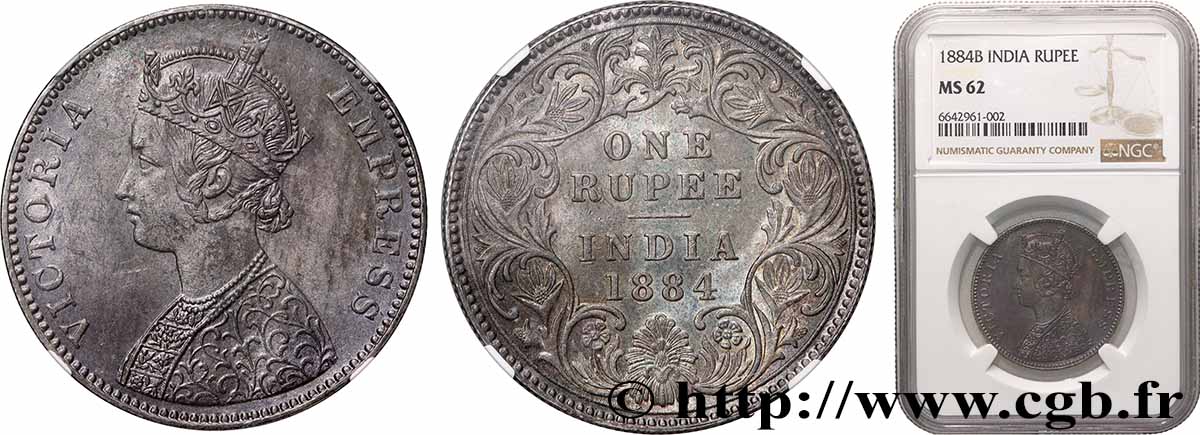 BRITISH INDIA 1 Roupie Victoria 1884  Bombay MS62 NGC