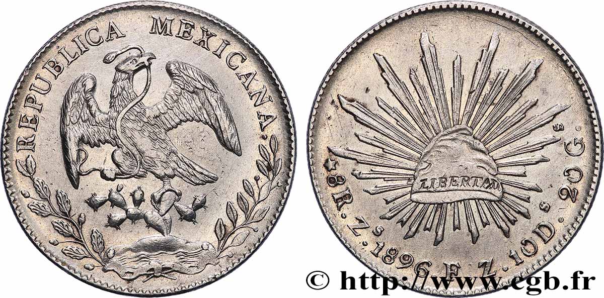 MEXIQUE 8 Reales Aigle / bonnet phrygien sur soleil 1896 Zacatecas Zs TTB+ 