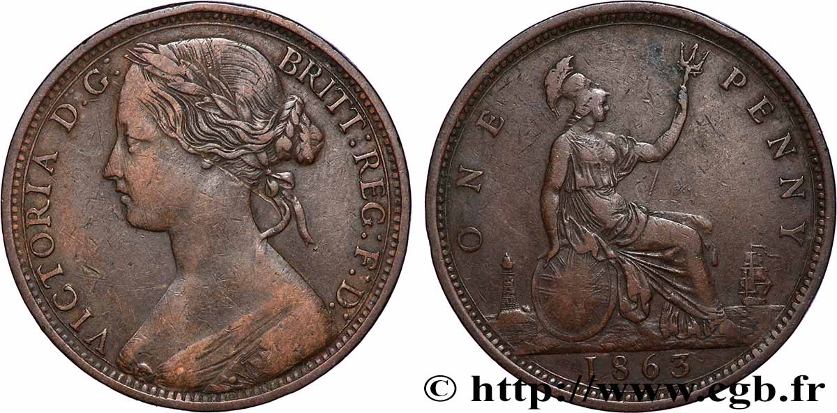 UNITED KINGDOM 1 Penny Victoria “Bun Head” 1863 Londres XF 