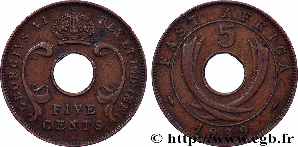 EAST AFRICA (BRITISH) 5 Cents Georges VI 1939 Heaton XF 