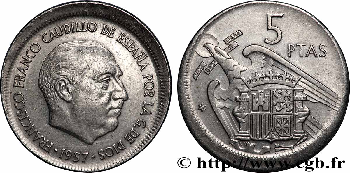 ESPAGNE - FRANCISCO FRANCO BAHAMONDE 5 Pesetas (1967), frappe casquette 1957 Madrid SUP 
