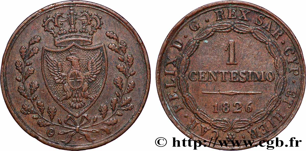 ITALY - KINGDOM OF SARDINIA 1 Centesimo Charles Félix “P” 1826 Turin AU 