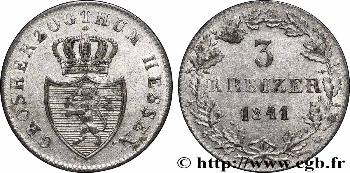 ALLEMAGNE - HESSE 3 Kreuzer Hesse-Darmstadt 1841  TTB 