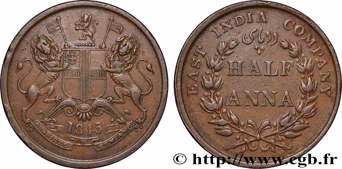 INDES BRITANNIQUES 1/2 Anna East India Company 1845 Calcutta TTB 