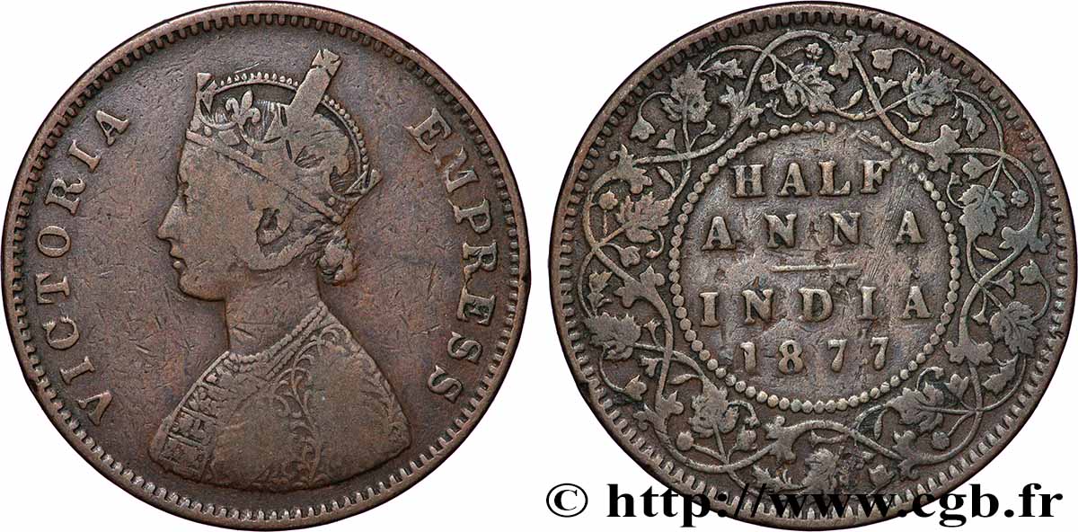 BRITISH INDIA 1/2 Anna Victoria 1877 Bombay VF 