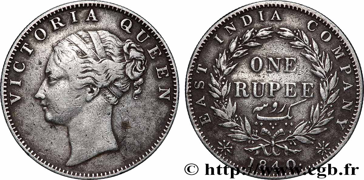 BRITISH INDIA 1 Roupie East India Company Victoria 1840 Bombay XF 