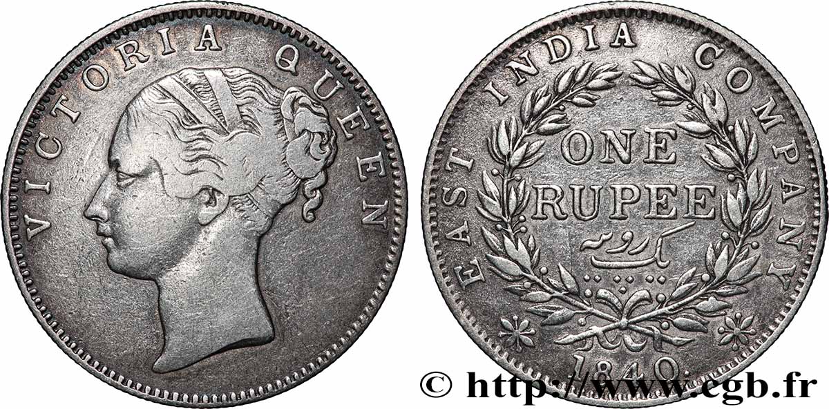INDES BRITANNIQUES 1 Roupie East India Company Victoria 1840 Bombay TB+ 