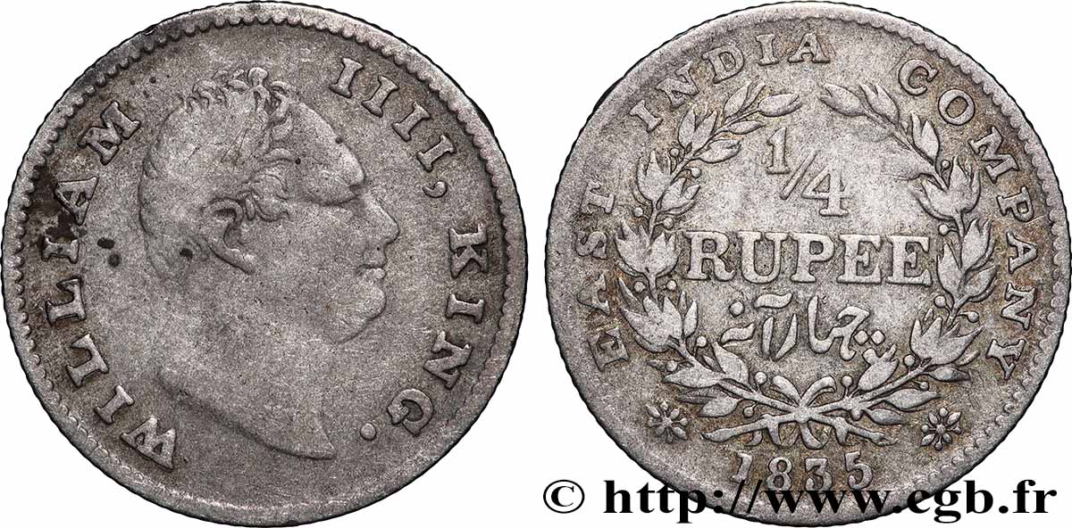 INDES BRITANNIQUES 1/4 Rupee (Roupie) William IV 1835 Calcutta TB+ 