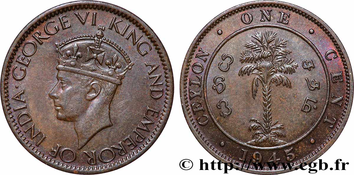 CEYLON 1 Cent Georges VI 1945  fST 