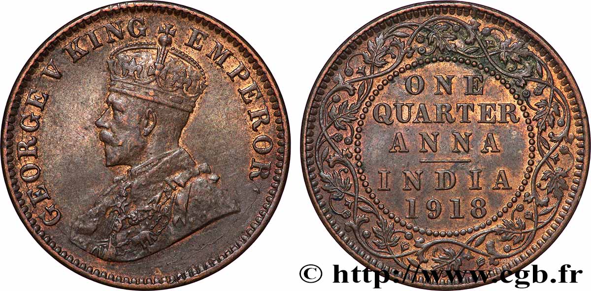 INDES BRITANNIQUES 1/4 Anna Georges V 1918 Calcutta SUP 
