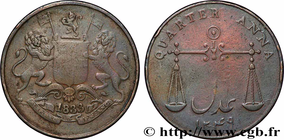 BRITISCH-INDIEN 1/4 Anna East India Company Présidence de Bombay AH 1249 1833 Bombay SS 