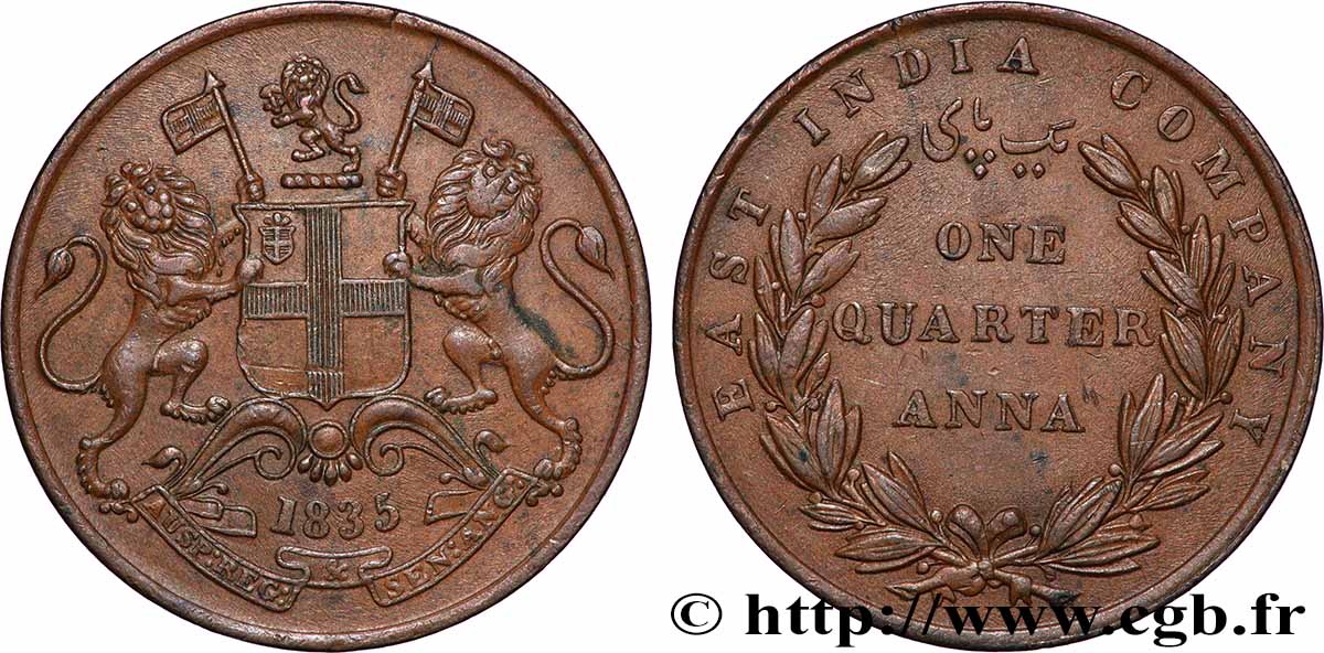 INDES BRITANNIQUES 1/4 Anna East India Company 1835 Calcutta TTB 