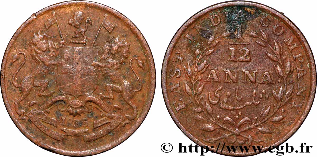 INDES BRITANNIQUES 1/12 Anna East India Company 1835 Madras TTB 