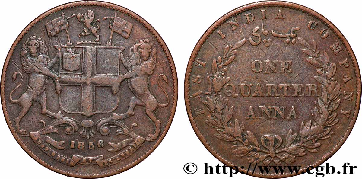 INDES BRITANNIQUES 1/4 Anna East India Company 1858  TTB 