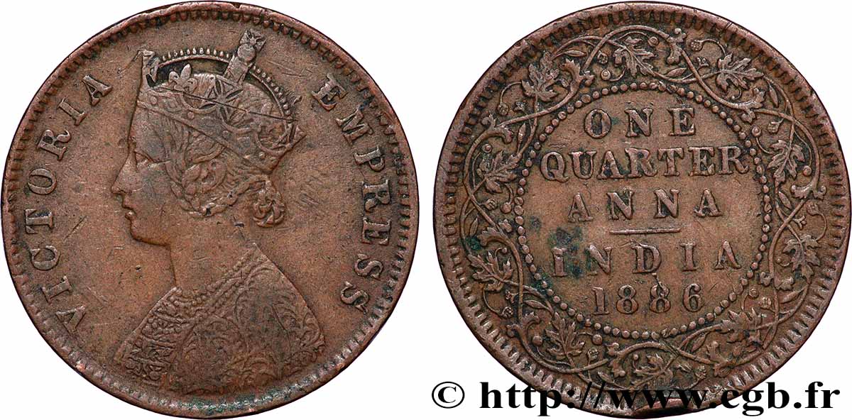 INDES BRITANNIQUES 1/4 Anna Victoria 1886 Calcutta TB+ 