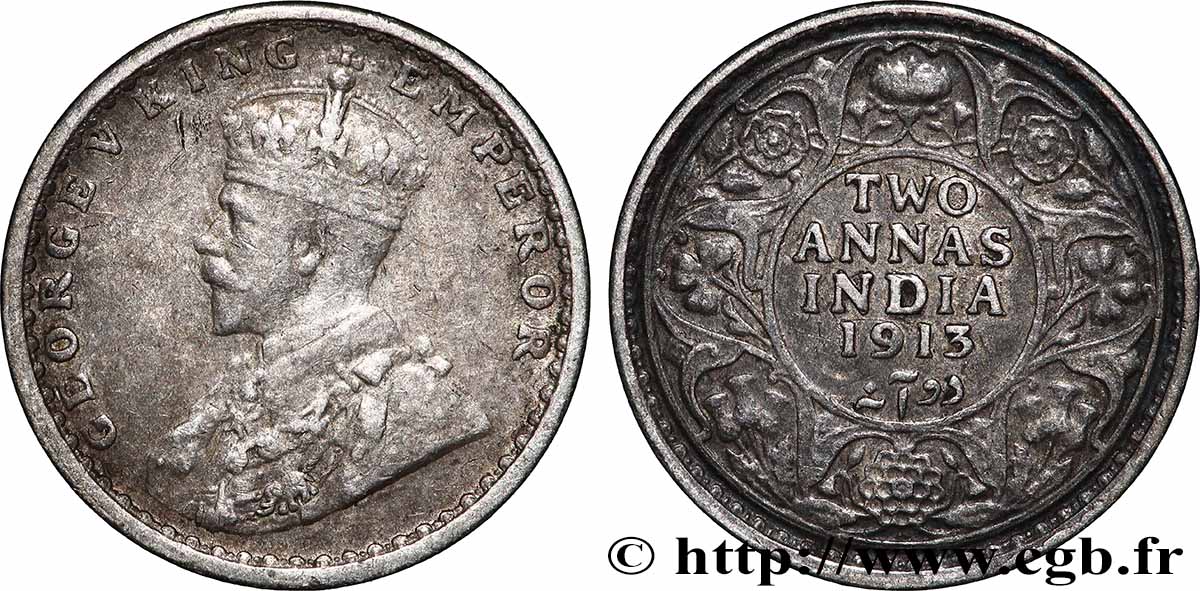 INDES BRITANNIQUES 2 Annas Georges V 1913 Calcutta TTB 