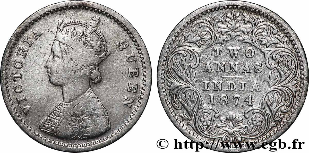INDES BRITANNIQUES 2 Annas Anna Victoria 1874 BOMBAY TB+ 
